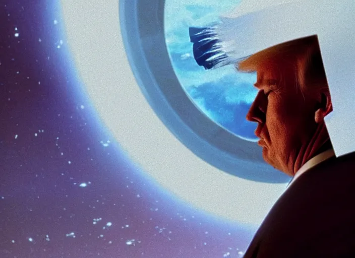 Image similar to screenshot from moody scene of Donald Trump dreaming on a spaceship, scene from the film Contact 1999 film directed by Jodi Foster, kodak film stock, anamorphic lens, 4K, film grain, detailed, stunning cinematography