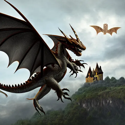 Prompt: a dragon flying above a castle, 8 k concept art