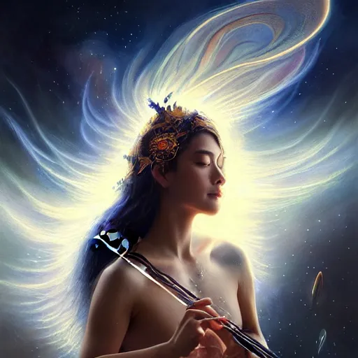 Image similar to a high quality life like portrait of a very very beautiful! celestial goddess of life playing a mystical violin and springing life into the universe, highly detailed, cinematic lighting, intricate, sharp focus, fantasy, mystical, dreamlike, exotic, realistic, by WLOP and greg rutkowski, trending on artstation