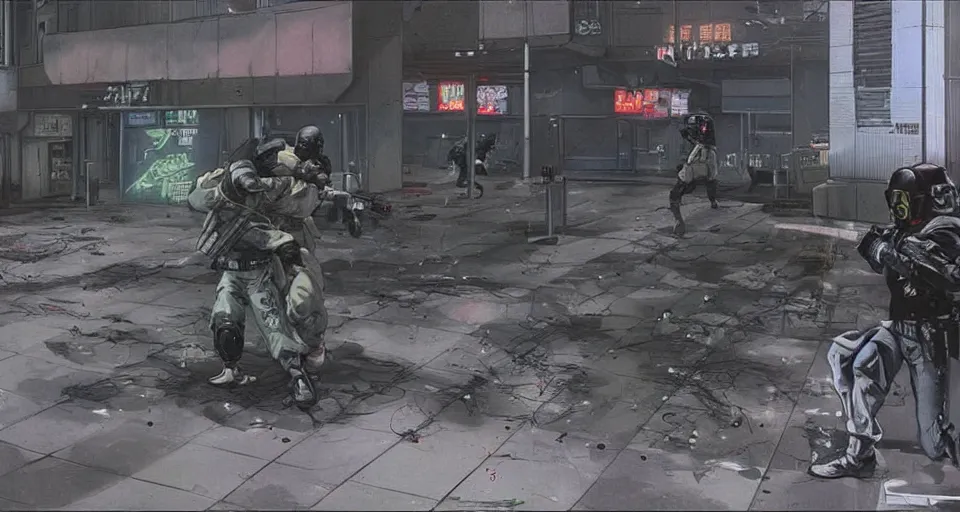 Prompt: 1989 Video Game Concept art of Neo-tokyo Cyborg bank robbers vs police FPS, Set in Tokyo Bank Parking Lot, Dark, Multiplayer set-piece Ambush, Tactical Squads :10, Police officers under heavy fire, Suppressive fire, Pinned down, Destructible Environments, Gunshots, Headshot, Bullet Holes and Anime Blood Splatter, :10 Gas Grenades, Riot Shields, MP5, AK45, MP7, P90, Chaos, Anime Machine Gun Fire, Gunplay, Shootout, :14 FLCL + Akira, Cel-Shaded:17, Created by Katsuhiro Otomo + Arc System Works + miHoYo: 20