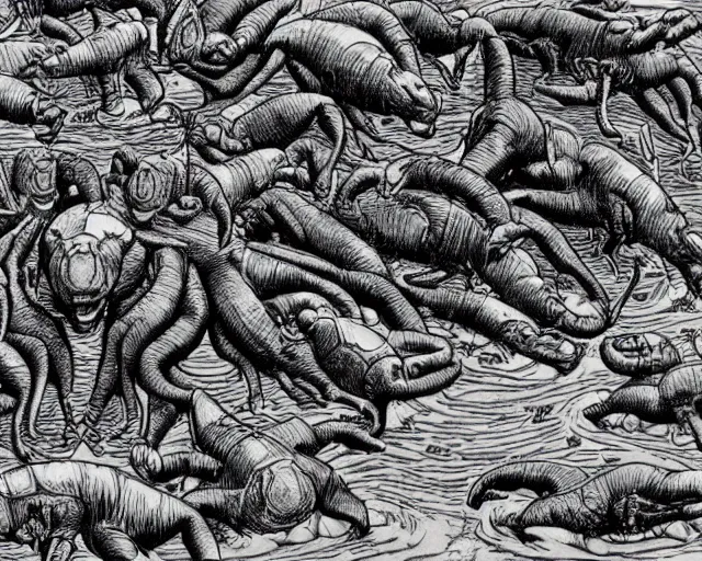 Image similar to A swarm of flying alien hippos drawn by Kentaro Miura, extremely high detail, manga, ink