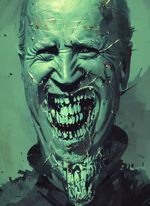 Prompt: crazy mad Joe Biden grinning sadistic smile all powerful emperor of the world, high contrast, cosmic horror, lovecraftian, abstract, masterpiece, trending on ArtStation, by Greg Rutkovski and by Craig Mullins and by David Cronenberg and by Ismail Inceoglu, dark