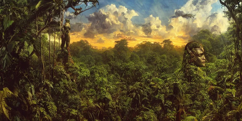 Prompt: giant stolen statue of ibertys head is abandoned reclaimed in a jungle .surrounded by tall vines in oversized jungle, moody sunset and dramatic sky , oil painting by frazetta, low angle, postapocalyptic, cinemascope panorama