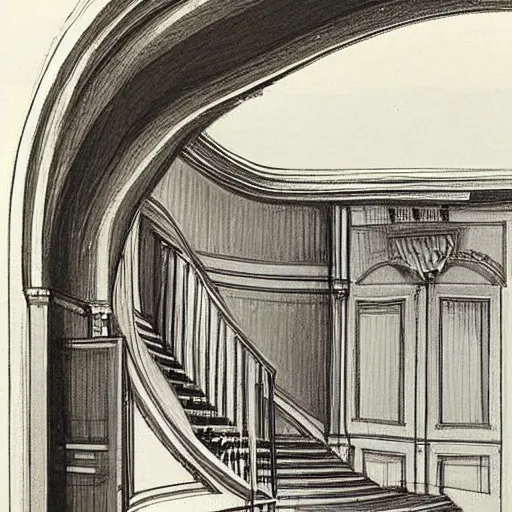 Prompt: the sketch of an opera scenoraphy designed of curved stairs and doors and windows frames by frazzeta.