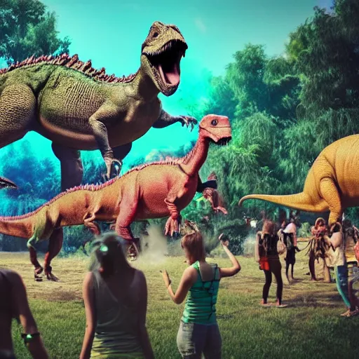 Image similar to a group of dinosaurs having a rave party at boom festival main stage, rendered in octane