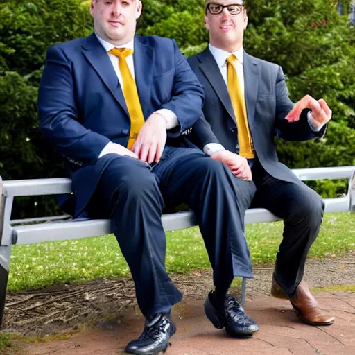 Image similar to two clean - shaven chubby white men in suits and neckties sitting on a park bench, holding manila folders.