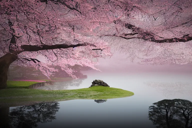 Image similar to masterpiece photography of a japanese garden landscape, with a pond and sakura trees, sakura flowers in the wind, scattered clouds on the horizon, cinematic light, during spring, more atmospheric effects, light fog, dawn rays of light, by Lee Madgwick, Trending on artstation, spring, dawn color scheme, soft colors, 4K, hdr