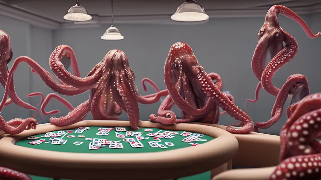 Image similar to hyperrealism simulation highly detailed human octopuses'wearing transparent jackets, playing poker in surreal scene from art house movie from future by wes anderson and denis villeneuve rendered in blender and octane render