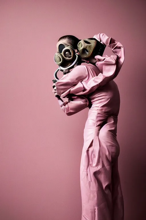 Image similar to a surreal portrait of intertwined and contorted figures wearing gas mask next to a pink wall in the style of brooke didonato, editorial fashion photography from vogue magazine, full shot, nikon d 8 1 0, ƒ / 2. 5, focal length : 8 5. 0 mm, exposure time : 1 / 8 0 0, iso : 2 0 0