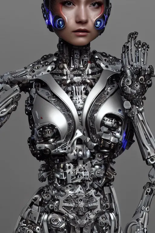 Image similar to a beautiful and young fully cybernetic female with 80% or her body made of mechanical parts adorned digital detail and some ornate geometric carvings , intricate, elegant, very detailed, hyper real, octane render, 8k, trending on Artstation