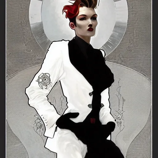 Image similar to beautiful portrait of androgynous ruby rose as desire from sandman in a white tuxedo!!!, rockabilly style, by alphonse mucha, cedric peyravernay, by jeremy mann, by frank moth, white suit and black tie, double picture, soft lightning, high detailed, 8 k