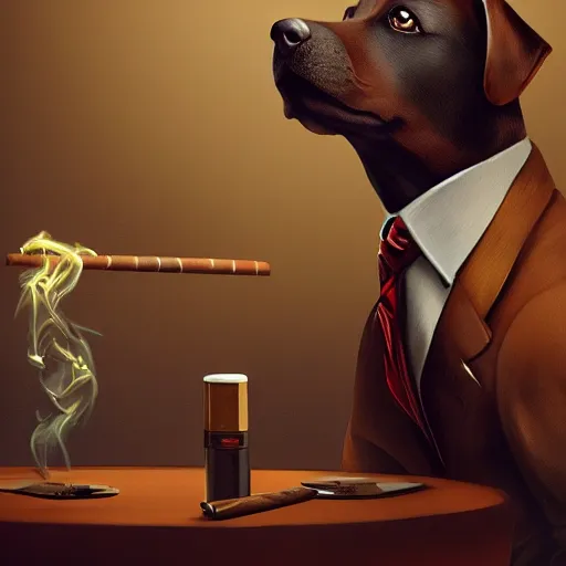 Image similar to a dog wearing a business suit smoking a cigar, dramatic lighting, cinematic, establishing shot, extremly high detail, photorealistic, cinematic lighting, concept art, artstation, style by greg rutkowsky