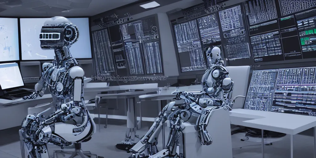 Image similar to a robot as The Thinker sculpture in a sci-fi control room, highly detailed, 8k UHD