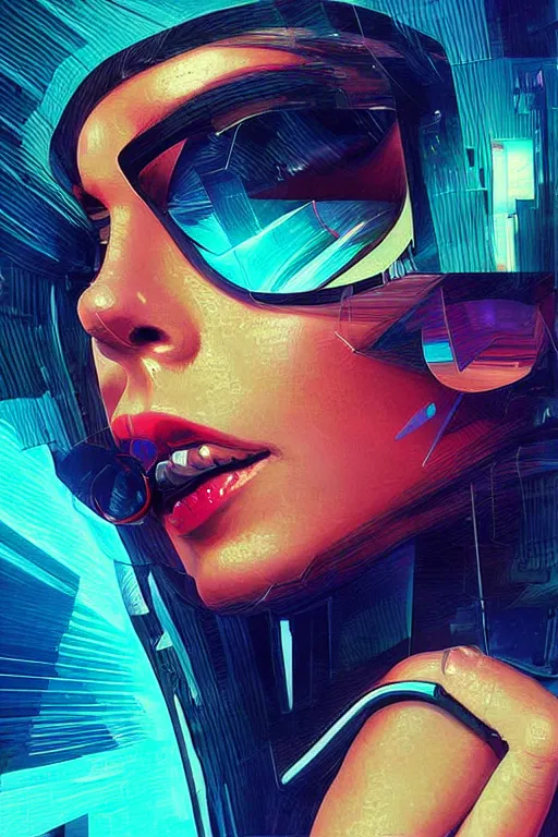 Prompt: fisheye portrait, digital painting, an beautiful, crazy hacker girl, lost in code, synthwave, glitch!!, fractured reality, refraction, realistic, hyperdetailed, night, concept art, art by syd mead, cubism