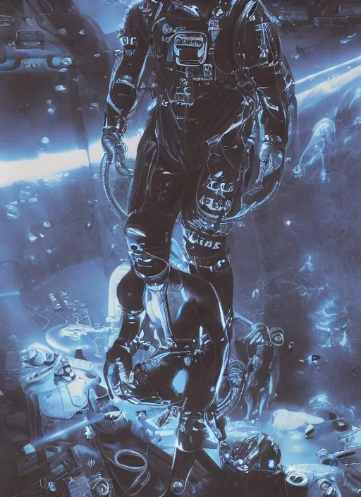 Prompt: astronauts in dark void underwater - complex and hyperdetailed suit. reflection and dispersion materials. rays and dispersion of light. glowing lights. volumetric light. f / 3 2. noise film photo. flash photography. ultra realistic, wide angle. poster by wayne barlowe, hajime sorayama aaron horkey, craig mullins