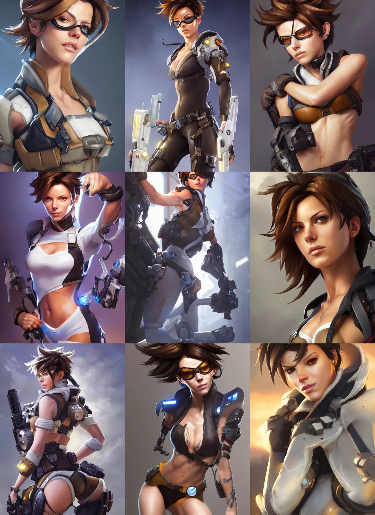 Image similar to a highly detailed portait of tracer from overwatch as kate beckinsale, digital art, pretty face, muscular, very beautiful face, very detailed eyes, 8 k resolution, digital painting, by james gurney wlop, greg rutkowski, full body