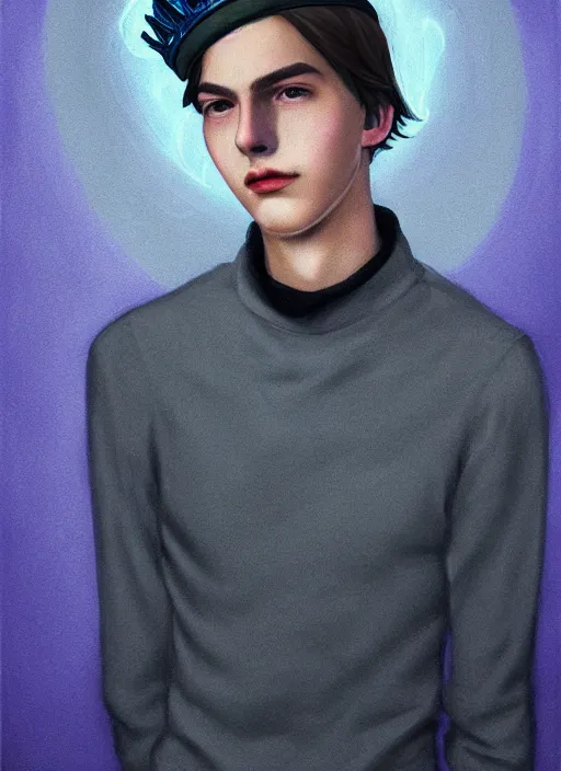 Image similar to portrait of teenage jughead jones wearing a light grey crown, crown, blue turtleneck, 1 9 5 0 s, closed eyes, photorealistic, black hair, glowing lighting, intricate, elegant, glowing lights, highly detailed, digital painting, artstation, concept art, smooth, sharp focus, illustration, art by wlop, mars ravelo and greg rutkowski