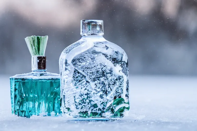 Prompt: perfume bottle buried a tropical oasis, frozen and covered in ice and snow