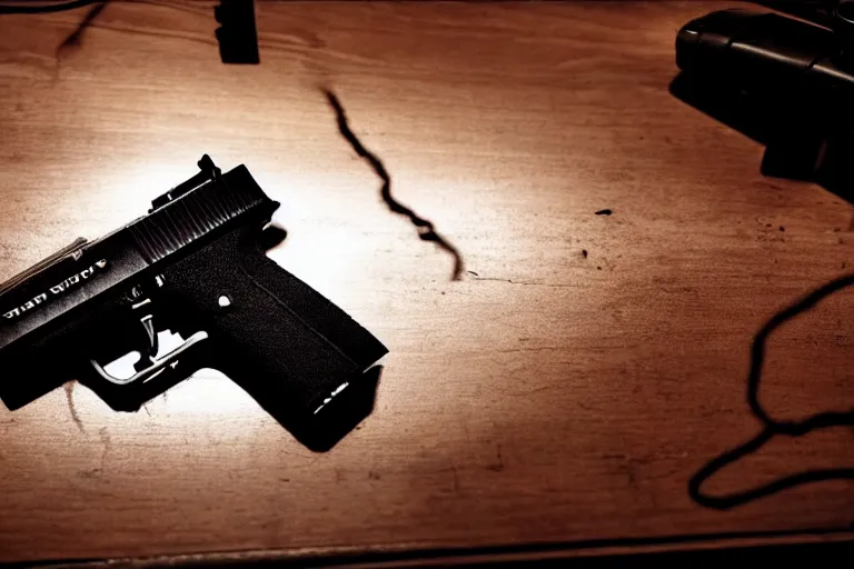 Prompt: film still of closeup pistol taped to the bottom of table, cinematic, moody, gritty neon noir by emmanuel lubezki