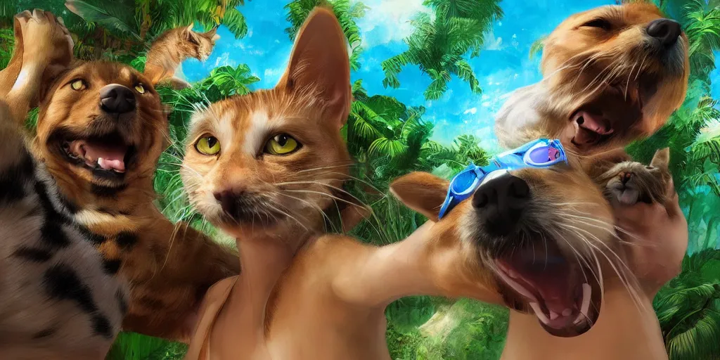 Image similar to cat and dog taking selfie in a swimming pool in the middle of the jungle, highly detailed, digital painting, artstation, concept art