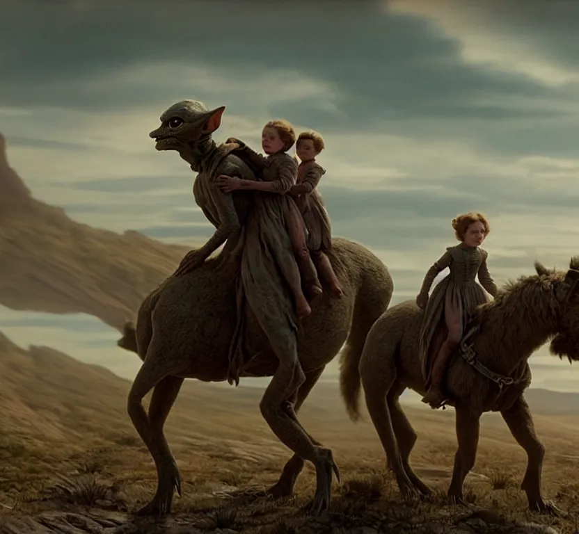 Image similar to sharp, highly detailed, film from a 2 0 1 9 sci fi 8 k movie, set in 1 8 6 0, a human family riding on the back of small cute alien creatures, across an alien landscape, wearing 1 8 6 0 s clothes, atmospheric lighting, in focus, reflective eyes, 3 5 mm macro lens, live action, nice composition