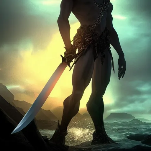 Prompt: A powerful handsome broad shouldered necromancer of jet black skin holding an exquisite sword standing at a distance. He gazes by the stormy sea and oozes extreme power and magic. Whole scene is powerful and magical and stunning to watch. Aesthetic!!!!!!, Unreal engine, 8k, trending on artstation, sharp focus, highly detailed, concept art, ultra HD, intricate, elegant,