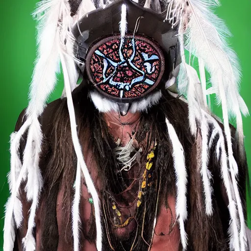 Prompt: hyphae third eye shaman with bacterial cellulose virtual reality headset brain - to - brain sensing interface mask, made of fungal mycelial mats used as textile shamanic mask by indigenous eskimo people of north america with emerald feather white fur fungal plants dripping liquid latex embossed tentacular waterly biocouture