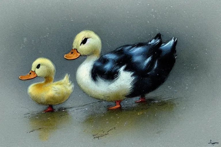 Image similar to ( ( ( ( ( cartoon duck family on wet road. muted colors. ) ) ) ) ) by jean - baptiste monge!!!!!!!!!!!!!!!!!!!!!!!!!!!