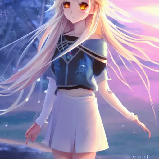 Prompt: a very beautiful anime girl, full body, long wavy blond hair, sky blue eyes, full round face, short smile, cute top, miniskirt, frozen wasteland setting, cinematic lightning, medium shot, mid-shot, highly detailed, trending on Artstation, Unreal Engine 4k, cinematic wallpaper by Stanley Artgerm Lau, WLOP, Rossdraws, James Jean, Andrei Riabovitchev, Marc Simonetti, and Sakimichan
