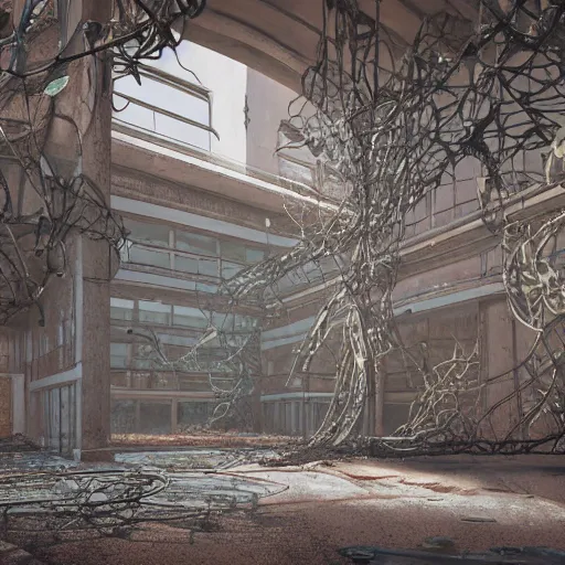 Image similar to Interior of a dusty abandoned Soviet university with dangling vines, constructivism, hyperdetailed, artstation, cgsociety, 8k