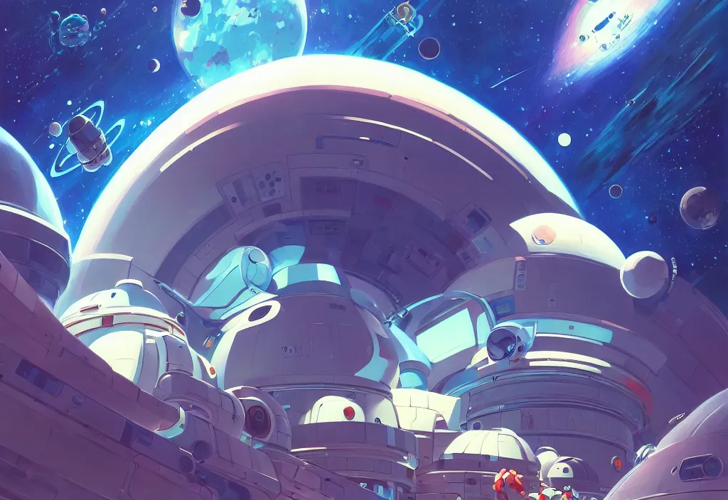 Image similar to a small chubby futuristic space station in space, planets in the background, intricate oil painting, high detail illustration, sharp high detail, manga and anime 1 9 9 9, official fanart behance hd artstation by jesper ejsing and makoto shinkai, 4 k,