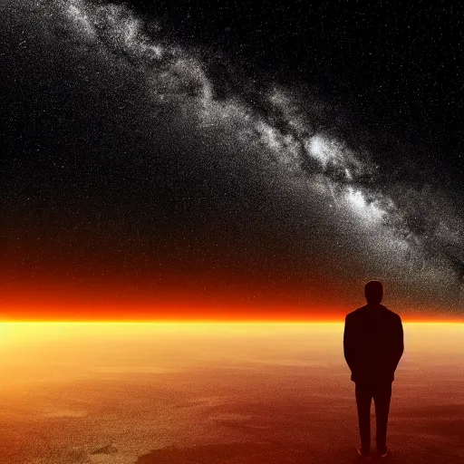 Image similar to 4K ultra HD detailed award-winning wallpaper silhouette of lonely man standing looking at Earth from far away huge vast sky universe