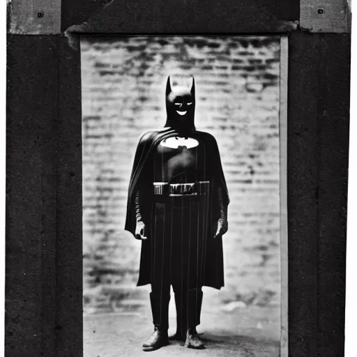 Image similar to old black and white photo portrait, 1 9 2 5, close - up portrait depicting batman standing proudly in alley of new york city, rule of thirds, historical record