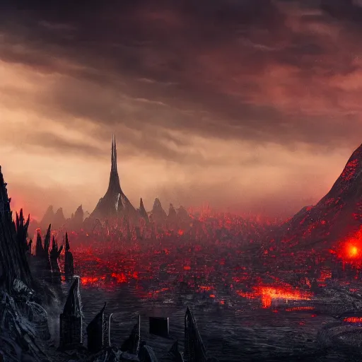 Prompt: mordor as a bustling city, extremely detailed, sharp focus, skyline, vast, gothic, lord of the rings, mount doom, 4 k, fantasy, concept art, gritty