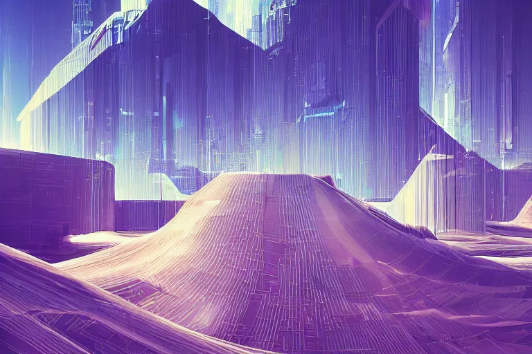 Image similar to soft clean chrome geometric landscape, cyberpunk, cinematic, retrofuturism, sci - fi, hyper realism, vaporwave aesthetic, extremely detailed, intricate, pixel sorting, glitch art, digital art