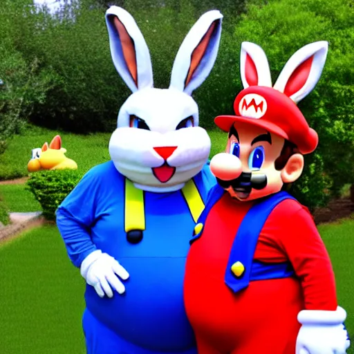 Image similar to real life big chungus dressed like mario, super mario with bunny ears, big chungus, fat bugs bunny, high resolution photo