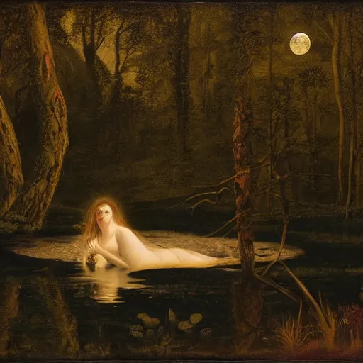 Prompt: rusalka sits by a pond in an apocalyptic dark forest at night, moon gazing, by john martin