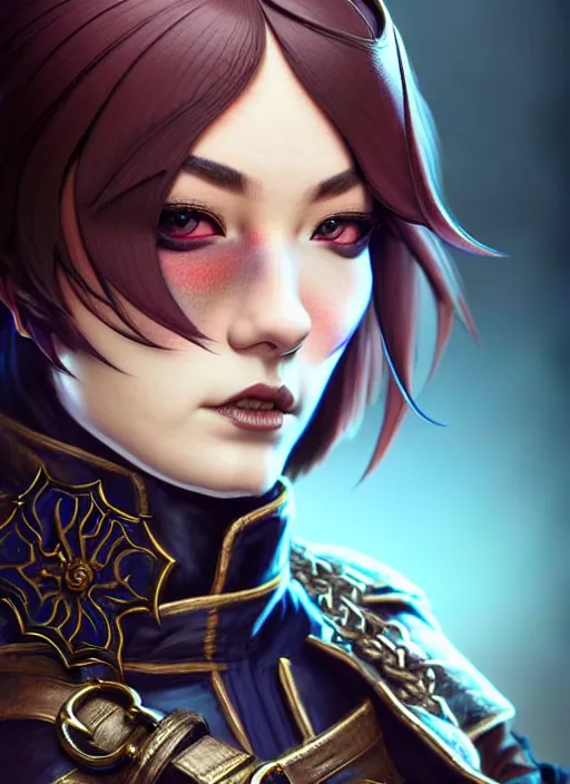 Image similar to rogue, fantasy ornate leather bandit outfit!!! close - up portrait beautiful and athletic short hair female!! gorgeous face and eyes!! character concept art, sharp focus, octane render! unreal engine 5! highly rendered!! trending on artstation!! detailed linework!! illustration by artgerm, wlop, and chie yoshii