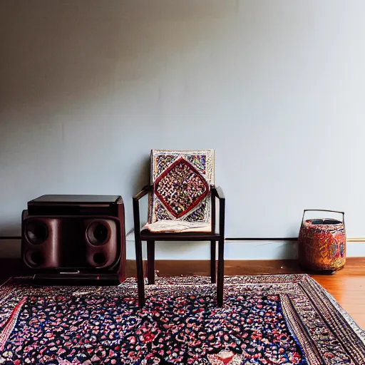 Prompt: a room with a chair, a table, a speaker and a persian carpet, unsplash, postminimalism, aesthetic, cluttered