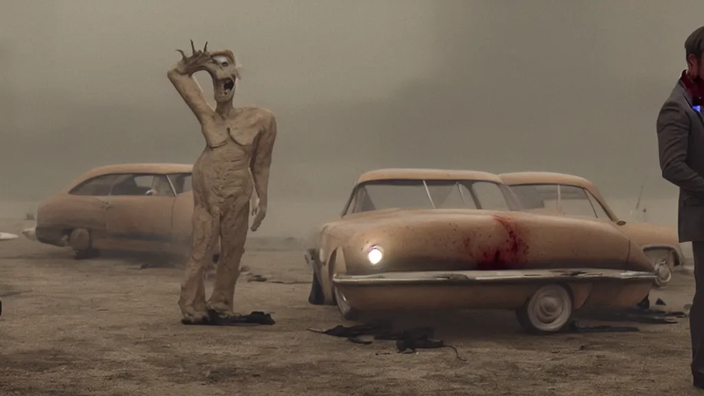 Prompt: the creature sells a used car, made of wax and blood, film still from the movie directed by Denis Villeneuve with art direction by Dalí, wide lens