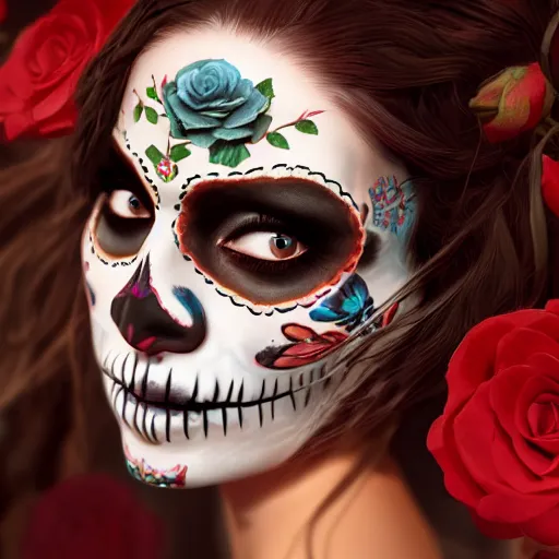 Prompt: a cute young woman, dia de los muertos makeup, day of the dead outfit, decorative roses, by wlop and greg rutkowski, octane render, trending on artstation, hyperdetailed face, cinematic, hyper realism