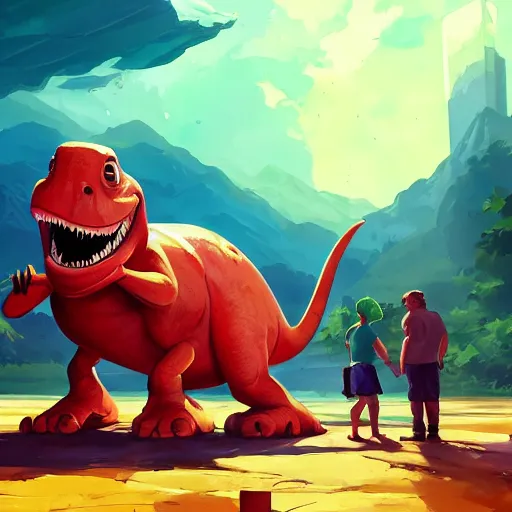 Image similar to barney the dinosaur holding a broken beer bottle, art gta 5 cover, official fanart behance hd artstation by jesper ejsing, by rhads, makoto shinkai and lois van baarle, ilya kuvshinov, ossdraws