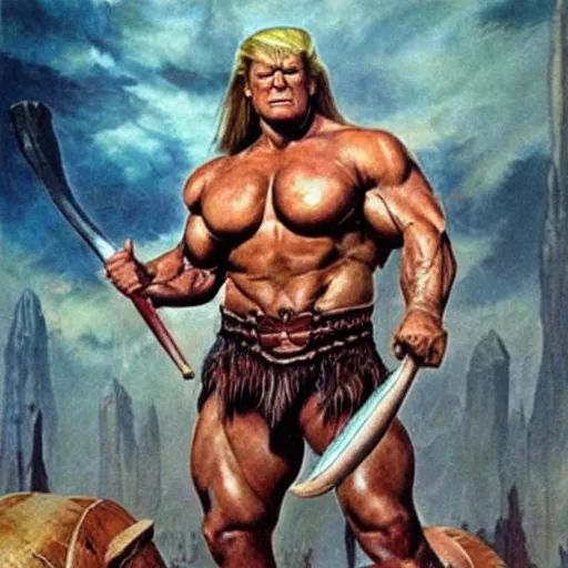 Prompt: extremely muscular Donald Trump looking like Conan the barbarian, fantasy, movie poster, by Frank Frazetta