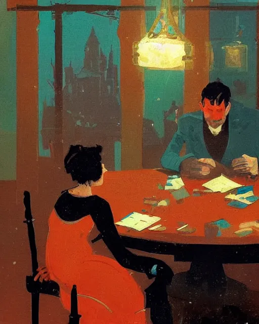 Image similar to a man and a woman sitting at a table, a screenshot roman muradov and paul lehr and dan mumford, trending on pinterest, barbizon school, movie still, hall of mirrors, filmic