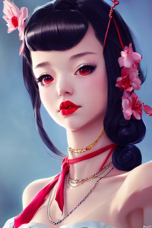 Image similar to a pin up and beautiful fashion charming dreamlke japan girl with lv jewelry, character art, art by artgerm lau and wlop and and ilya kuvshinov and john singer sargent, hyperdetailed, 8 k realistic, symmetrical, frostbite 3 engine, cryengine, dof, trending on artstation, digital art