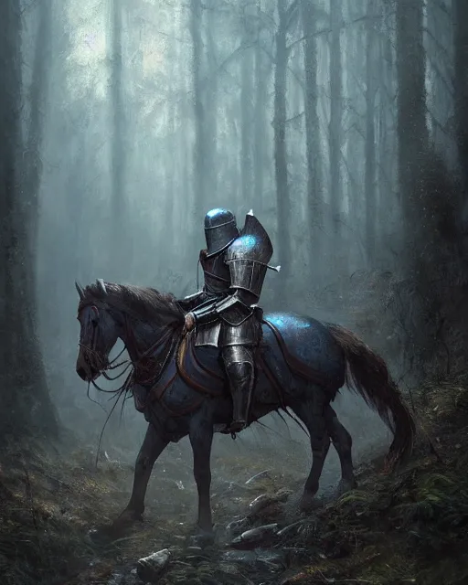 Image similar to Hyper realistic painting of a knight in rusty full plate armor wielding a greatsword, hyper detailed, surrounded by a dark forest, fog, moody, cinematic lighting, dim blue lighting, by greg rutkowski, trending on artstation