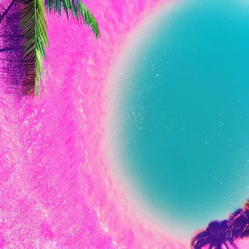 Prompt: lake of pink fluid, palm trees, bubbles, vaporwave inspired, lively colors, pastel, high detail, realistic octane render