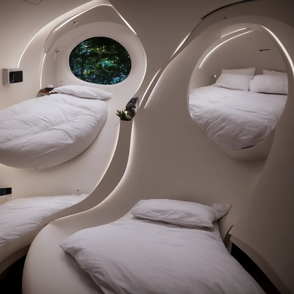 Prompt: inside cozy luxurious curved sleep-pod with wall to wall padding and sound system, warm ambient lighting, XF IQ4, 150MP, 50mm, F1.4, ISO 200, 1/160s, dawn