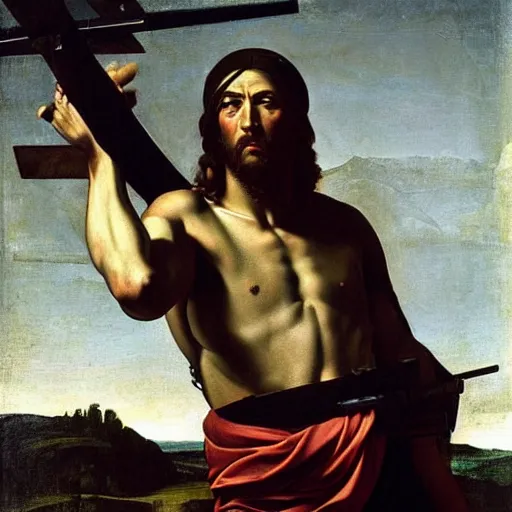 Image similar to Jesus Christ as Rambo hanging from a helicopter and shooting a gun ,Caravaggio