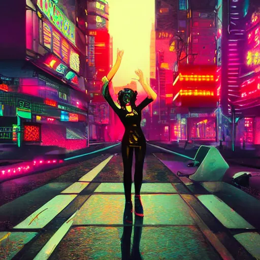 Image similar to city pop idol dancing in the apocalypse cyberpunk, accurate features, focus, very intricate ultrafine details, masterpiece, 8 k hd, realistic shaded lighting, detailed render, detailed backgrounds, epic composition, soft neon lights, rain